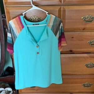 HEIMISH USA Turquoise Henley Top with Multicolor Striped Raglan Sleeves